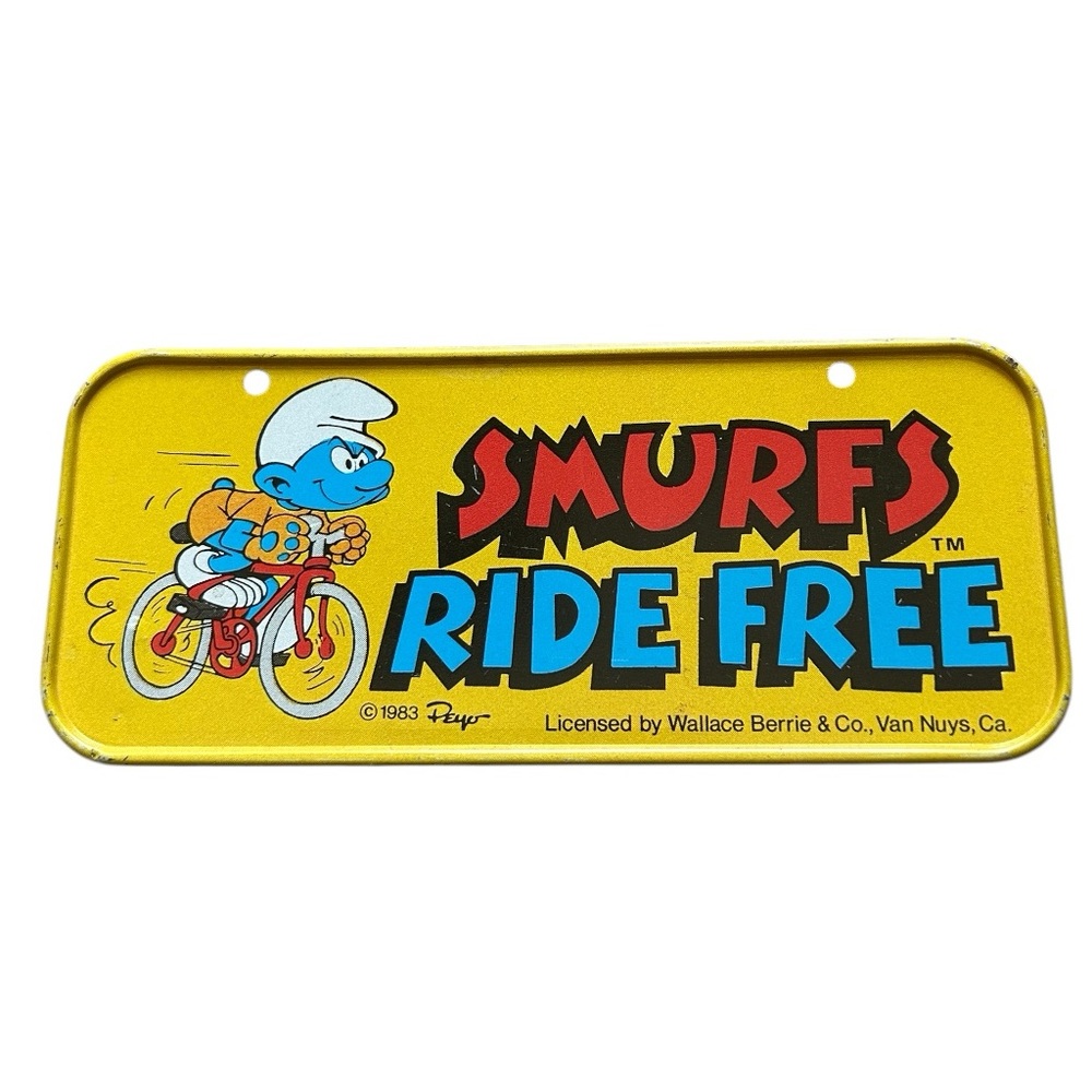 Metal Smurf bicycle License Plate: Smurfs Ride Free Yellow 1983 Peyo, Vintage